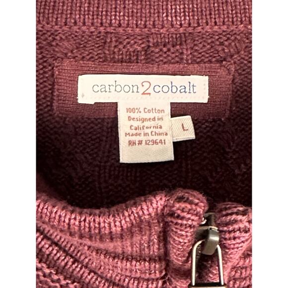 Carbon 2 Cobalt Burgundy Cable Knit Cotton 1/4 Zip Men Sz L Fisherman Sweater - Picture 6 of 15